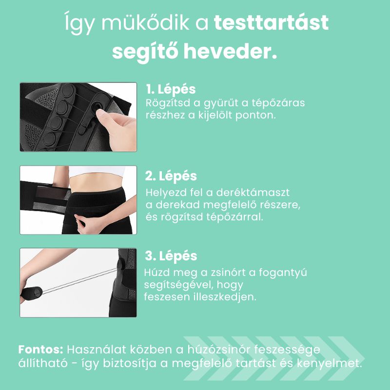 Testtartást segítő heveder (húzómechanika rendszerrel)